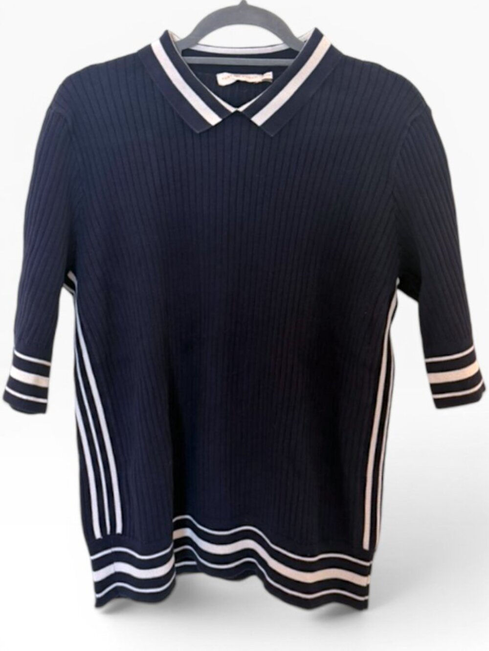 Tory Burch Navy Striped Ribbed Knit Sweater Polo Top Stretchy XL